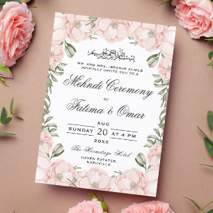 Invitación Ceremonia Mehndi de Peach Peony Floral Frame Islám