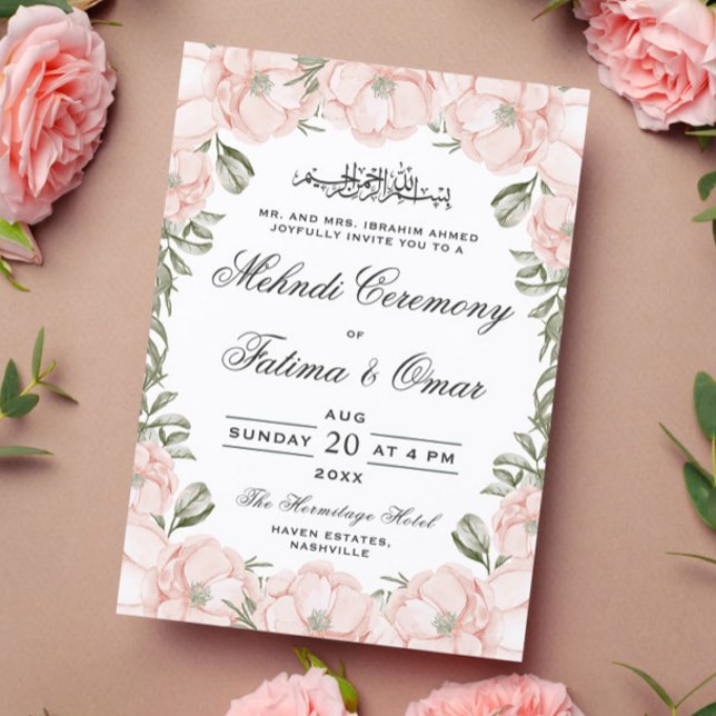 Invitación Ceremonia Mehndi de Peach Peony Floral Frame Islám (Subido por el creador)
