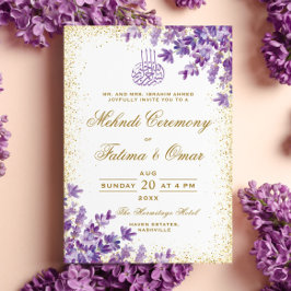 Invitación Ceremonia Mehndi islámica con marco dorado morado