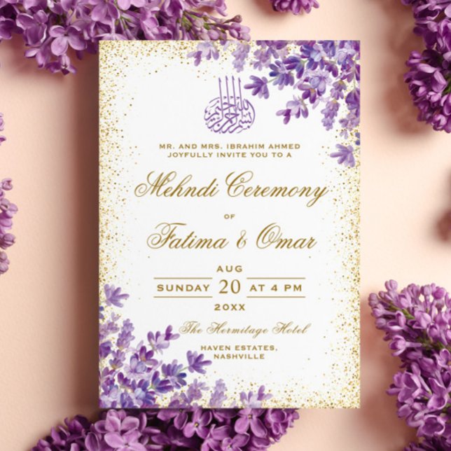 Invitación Ceremonia Mehndi islámica con marco dorado morado (Subido por el creador)