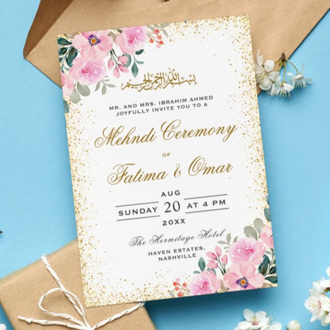 Invitación Ceremonia Mehndi islámica con marco dorado y flora (Subido por el creador)