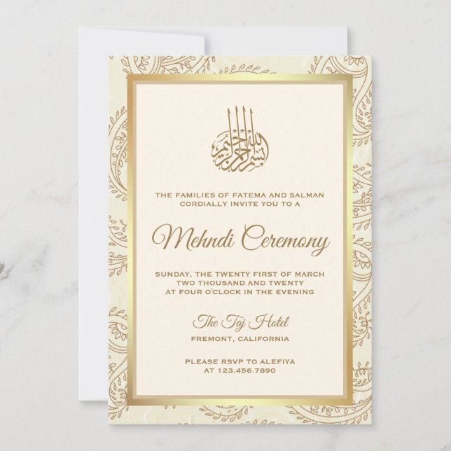 Invitación Ceremonia Mehndi islámica Cream and Gold Paisley (Anverso)