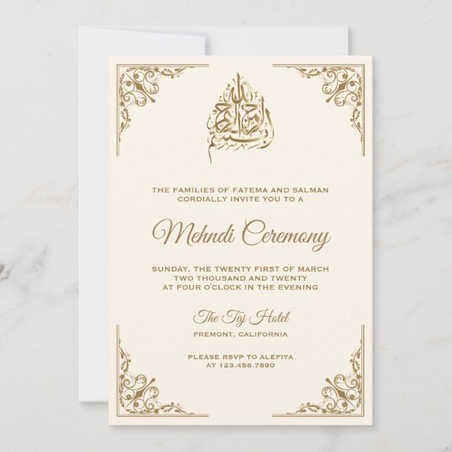 Invitación Ceremonia Mehndi islámica crema y oro (Anverso)