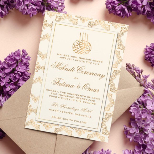 Invitación Ceremonia Mehndi islámica de crema de marcos dorad (Subido por el creador)