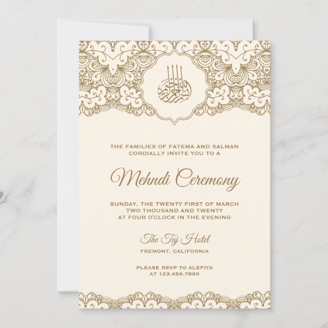 Invitación Ceremonia Mehndi islámica de crema y encaje de oro (Anverso)