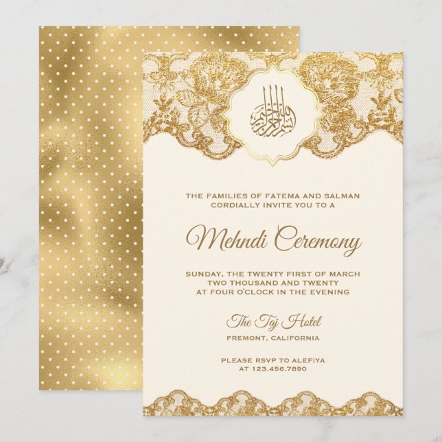 Invitación Ceremonia Mehndi islámica de Crema y Relieve metal (Anverso / Reverso)