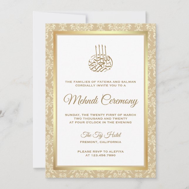 Invitación Ceremonia Mehndi islámica de Damasco de Oro y Beig (Anverso)