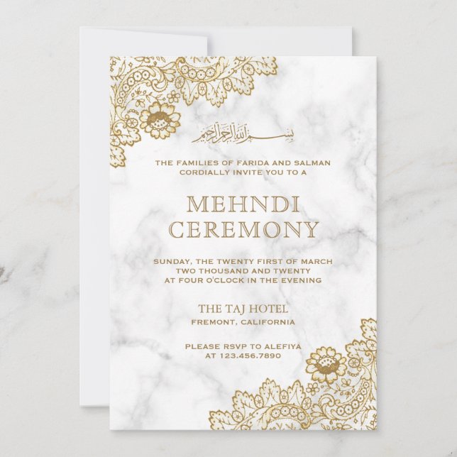 Invitación Ceremonia Mehndi islámica de encaje de oro de márm (Anverso)