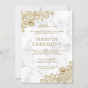Invitación Ceremonia Mehndi islámica de encaje de oro de márm