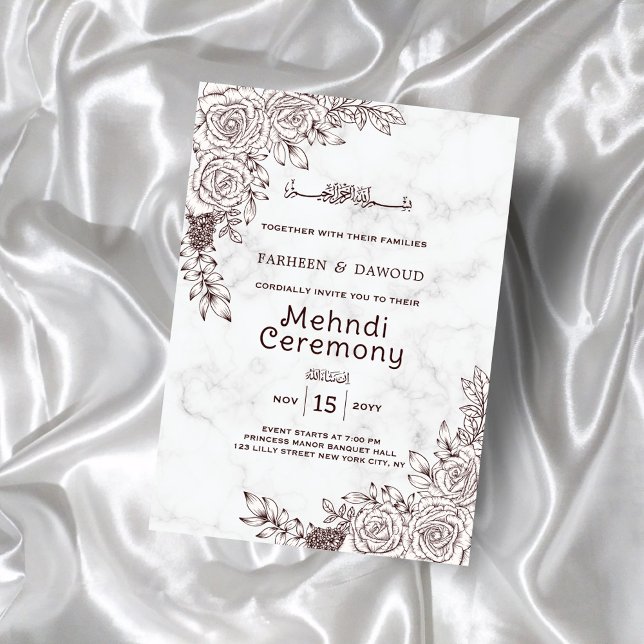 Invitación Ceremonia Mehndi islámica de encaje floral de márm (Subido por el creador)