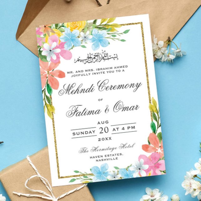 Invitación Ceremonia Mehndi islámica de la frontera de oro fl (Subido por el creador)