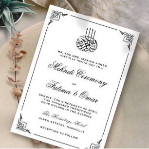 Invitación Ceremonia Mehndi islámica de marco blanco y negro