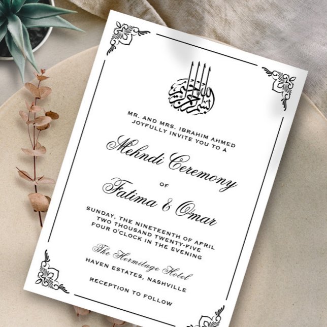 Invitación Ceremonia Mehndi islámica de marco blanco y negro (Subido por el creador)