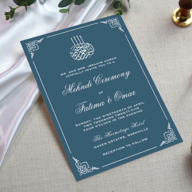 Invitación Ceremonia Mehndi islámica del marco azul de la mar (Subido por el creador)