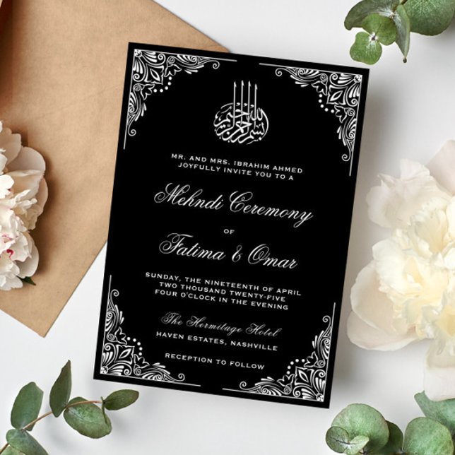 Invitación Ceremonia Mehndi islámica negra y blanca (Subido por el creador)
