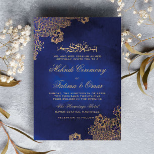 Invitación Ceremonia Mehndi musulmana azul de encaje dorado