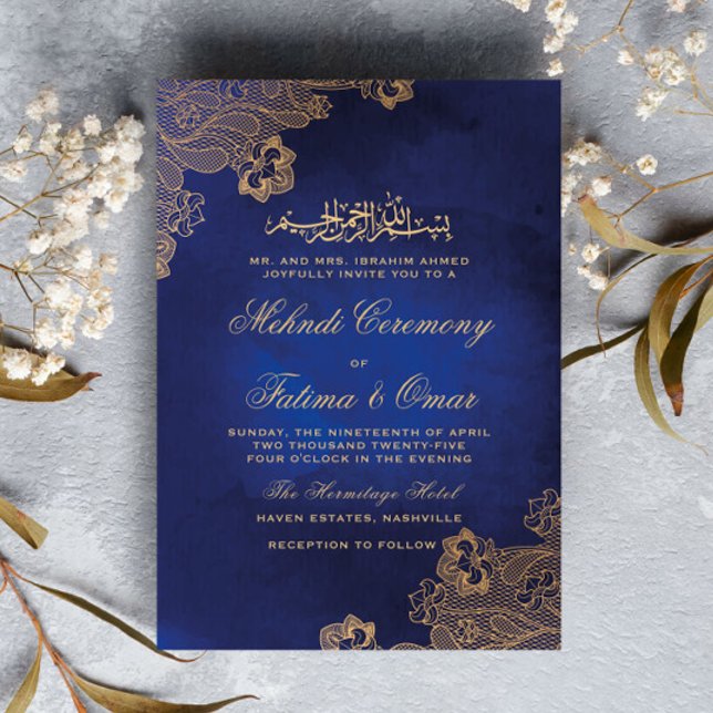 Invitación Ceremonia Mehndi musulmana azul de encaje dorado (Subido por el creador)