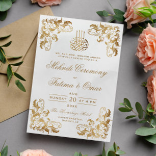 Invitación Ceremonia Mehndi musulmana con crema de marco dora