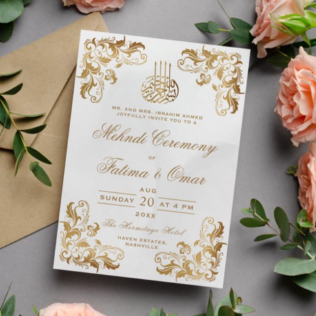 Invitación Ceremonia Mehndi musulmana con crema de marco dora (Subido por el creador)