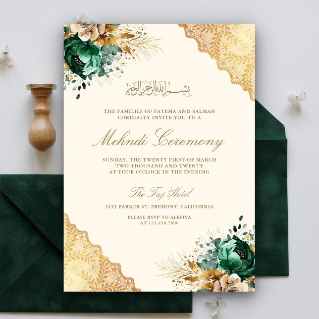 Invitación Ceremonia Mehndi Musulmana de Lace de Oro Floral E (Subido por el creador)
