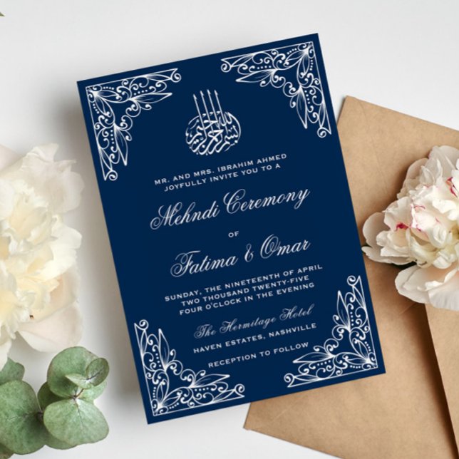 Invitación Ceremonia musulmana azul moderna islámica Henna Me (Subido por el creador)