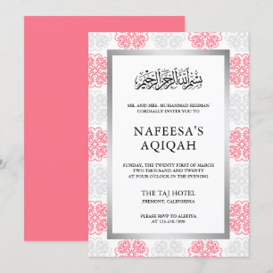 Invitación Ceremonia musulmana de Aqiqah floral gris y rosa d