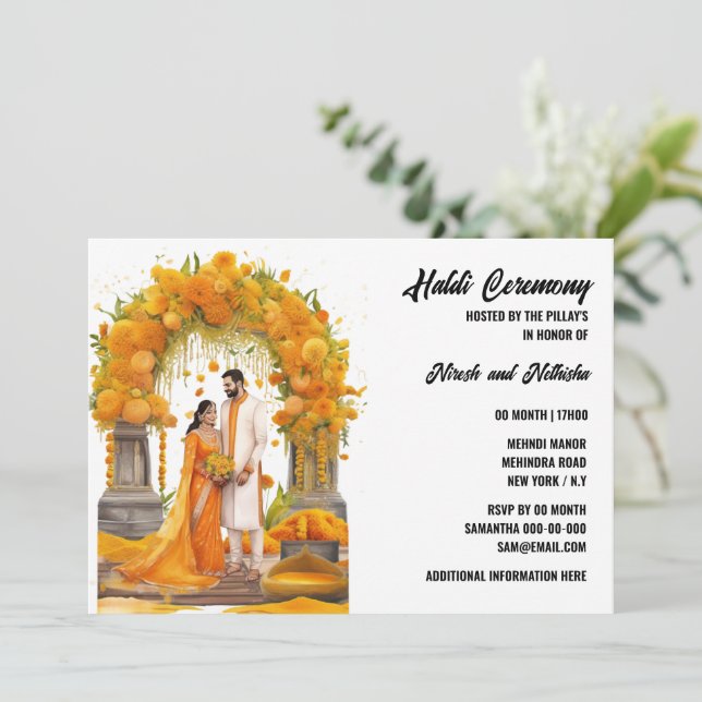 Invitación Ceremonia preboda floral Haldi familia cúrmica (Anverso de pie)