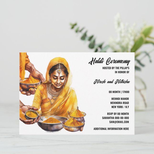 Invitación Ceremonia preboda india Haldi turmeric elegante (Anverso de pie)