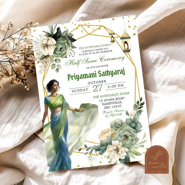 Invitación Ceremonia Sage Green Floral Half Saree India (Subido por el creador)