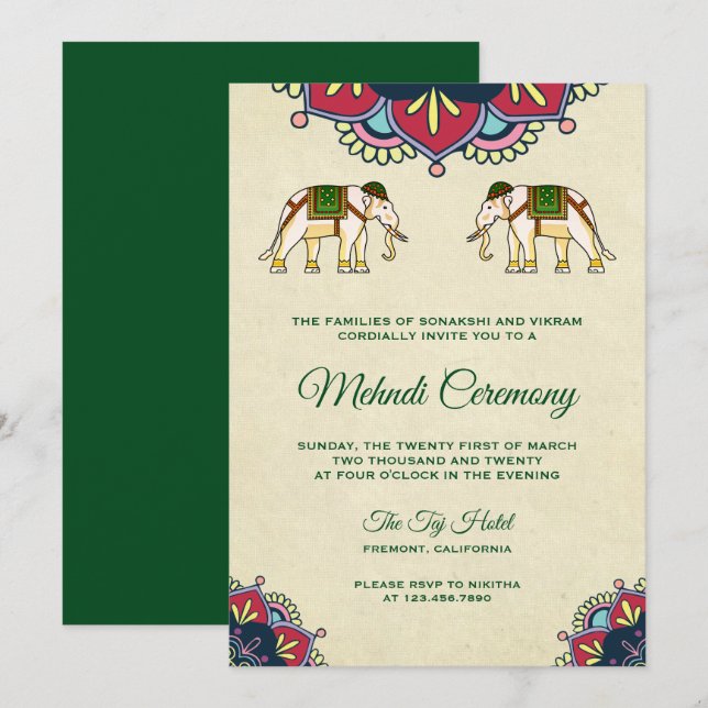 Invitación Ceremonia tradicional de Mehndi de henna india con (Anverso / Reverso)