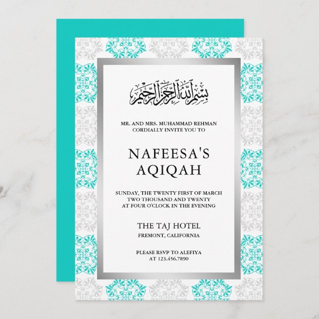 Invitación Ceremonia Turquoise Floral Damask Islamic Aqiqah