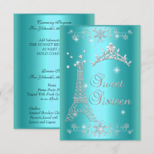 Invitación Ceremonia y Menú de Cena Cumpleaños 16 Azul Turque