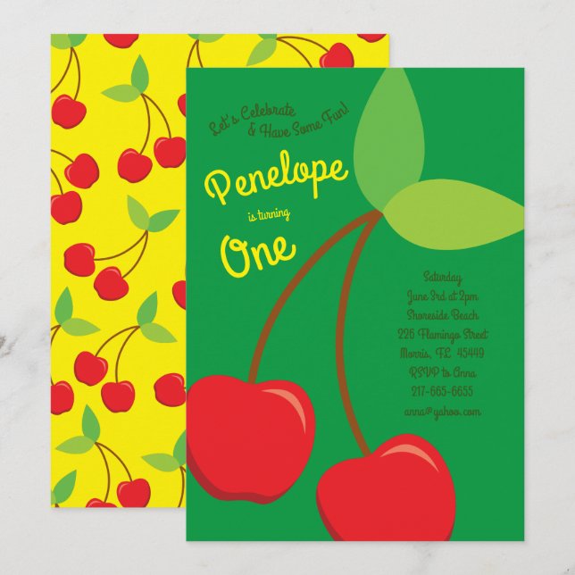 Invitación Cereza de primer cumpleaños de Fiesta de Cute Cher (Anverso / Reverso)