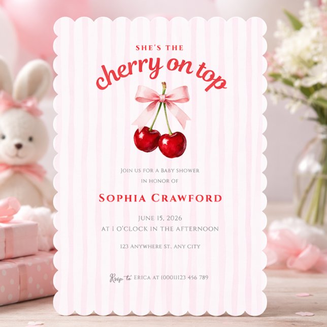 Invitación Cereza Dulce con Lazo Rosa en la Parte Superior Fi (Sweet Cherry on Top Pink Bow Baby Shower Invitation)