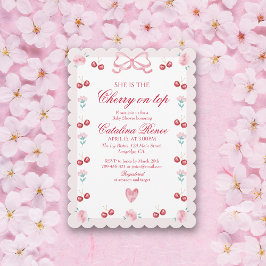 Invitación Cereza Dulce Encima Lazo Rosa Rojo