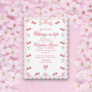 Invitación Cereza Dulce Encima Lazo Rosa Rojo