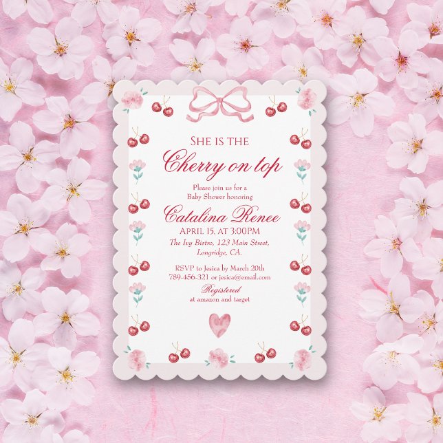 Invitación Cereza Dulce Encima Lazo Rosa Rojo (Subido por el creador)