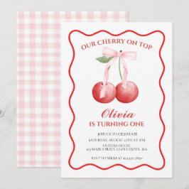 Invitación Cereza en la parte superior lazo rosa elegante 1er