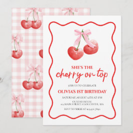 Invitación Cereza en la parte superior lazo rosa preppy cumpl