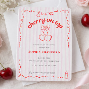 Invitación Cereza en la Parte Superior Lazo Rosa Rojo Cerezas