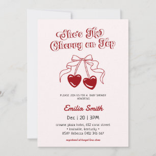 Invitación Cereza en la parte superior mano dibujada rosa y r