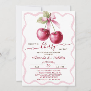 Invitación Cereza En Lo Alto Cumpleaños Bebe Lazo Rosa