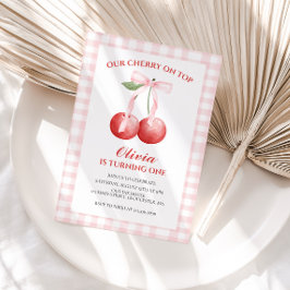 Invitación Cereza en Top Pink Bow preppy 1er cumpleaños