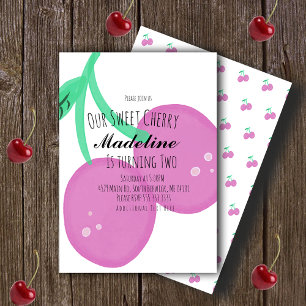 Invitación Cereza linda dibujada a mano cumpleaños dulce rosa