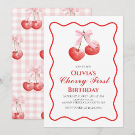 Invitación Cereza primer cumpleaños lazo rosa elegante