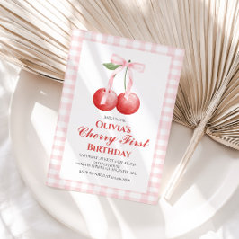 Invitación Cereza primer cumpleaños lazo rosa elegante