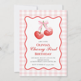 Invitación Cereza primer cumpleaños lazo rosa elegante