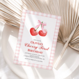 Invitación Cereza primer lazo rosa preppy 1er cumpleaños
