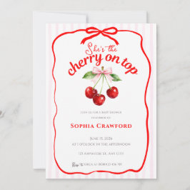 Invitación Cereza Roja Arriba Lazo Rosa Dibujado Baby Shower