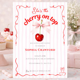 Invitación Cereza Roja Encima Lazo Rosa Cerezas Fiesta de Beb